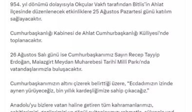 Cumhurbaşkanı Erdoğan Malazgirt Zaferi’nin 954. Yıl Dönümünde Ahlat’ta Etkinliklere Katılacak
