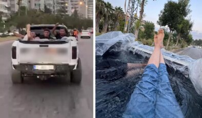 En pahalı serinlik: Aracın kasasını havuza çevirip arkadaşlarıyla gezdi