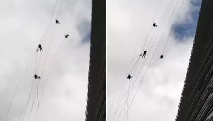 Yürekleri ağız getiren görüntü! Ekmek parası için çıktıkları metrelerce yüksekte böyle savruldular