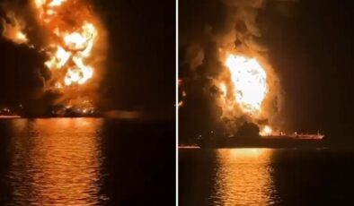 Basra açıklarında vurulan petrol tankeri cayır cayır yandı